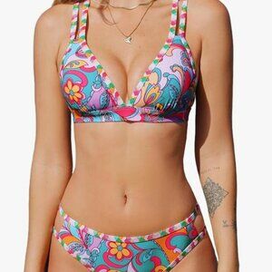CUPSHE Women's Bikini - Strappy Mid Rise V Neck Cutout Adjustable Double Straps